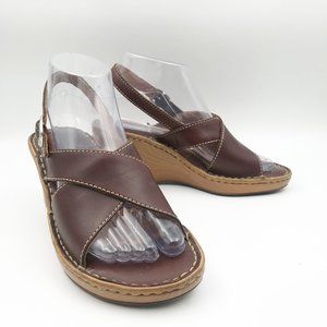 BORN Brown Leather Strap Wedge Sandals Womens 6